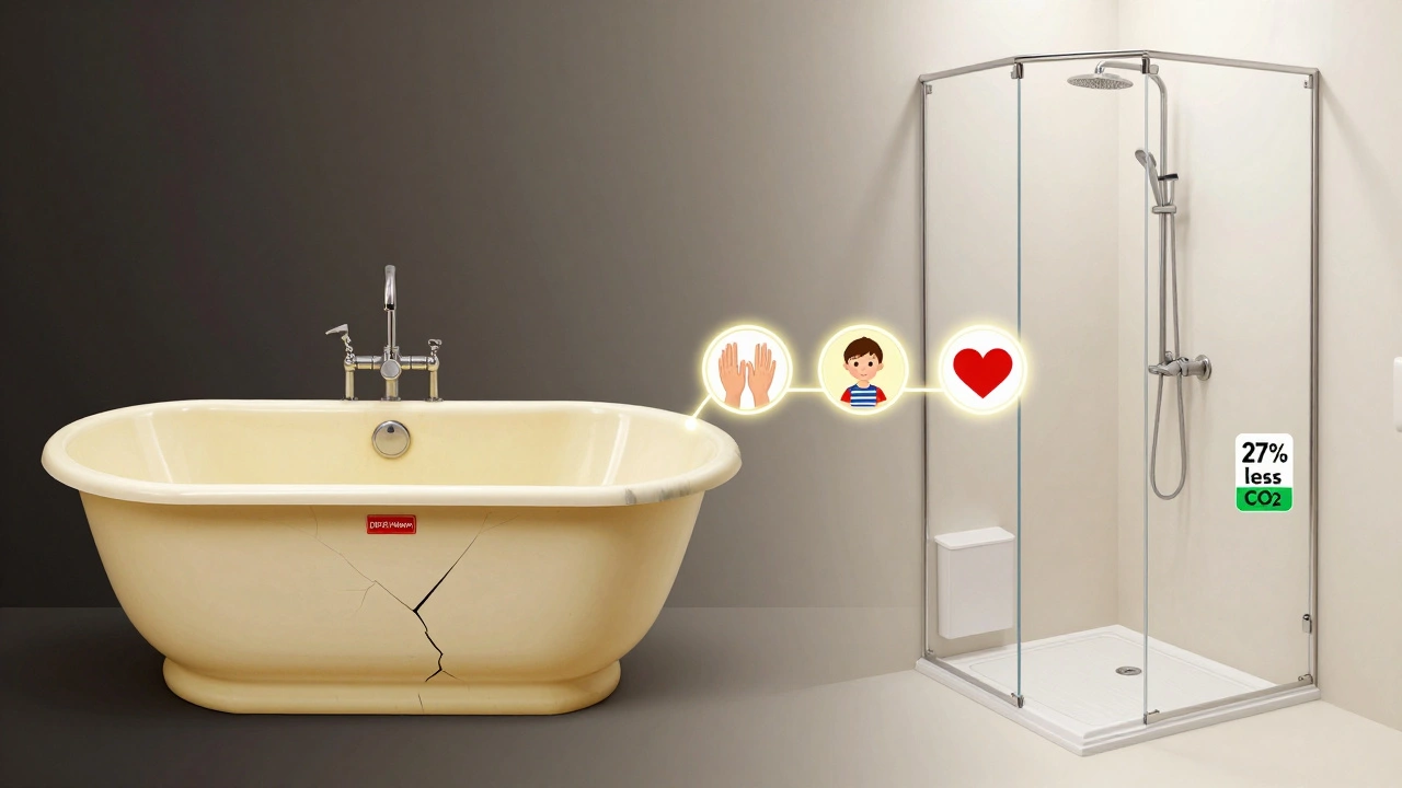 Vergleich: alte, beschädigte Badewanne links vs. moderne, energiesparende Dusche rechts mit Zukunftssymbolik.