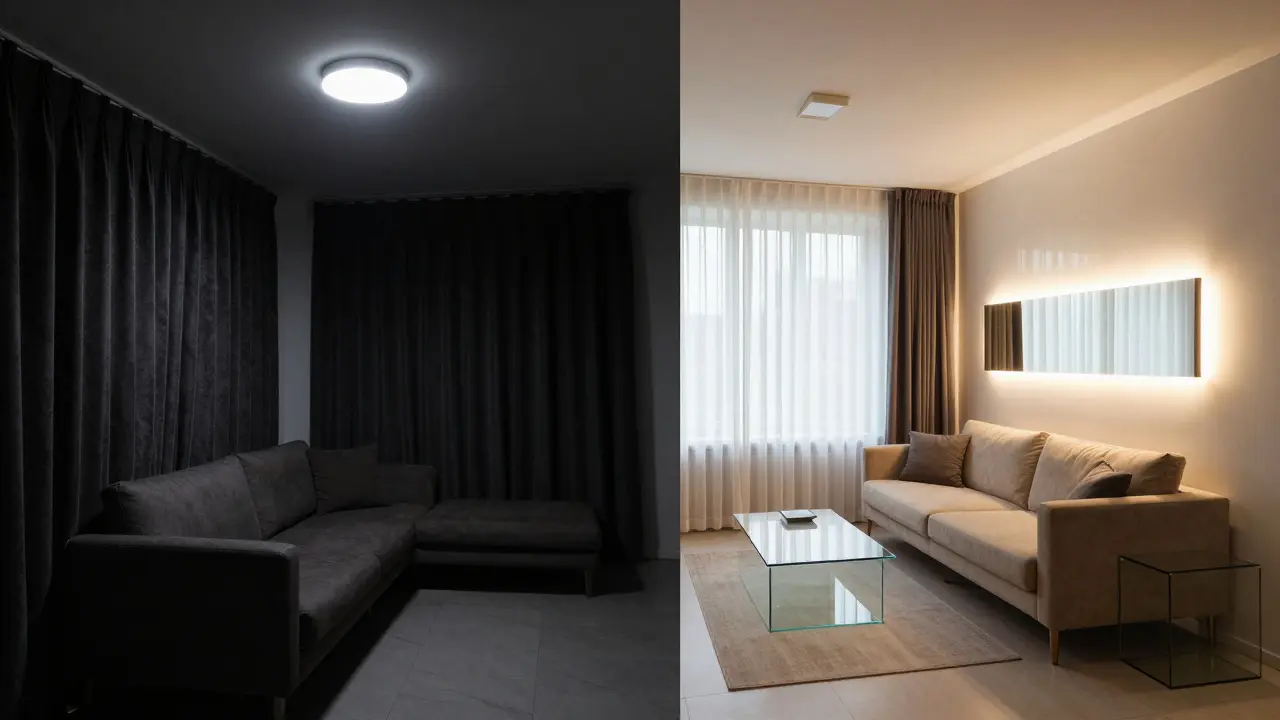 Vergleich: Dunkles Wohnzimmer mit schweren Vorhängen links, helles, optimiertes Wohnzimmer rechts.