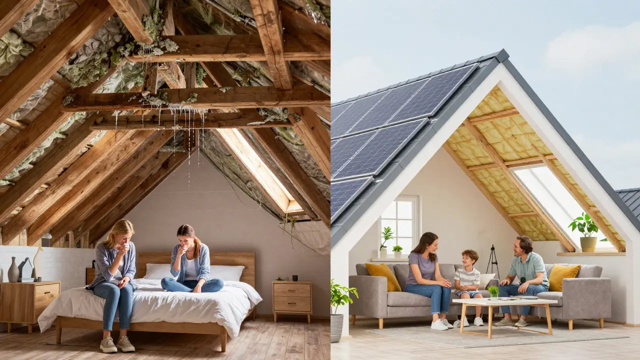 Vergleich: links schimmeliges, undichtes Dach mit kranker Familie, rechts sanierter Dachboden mit Solaranlage und glücklicher Familie.