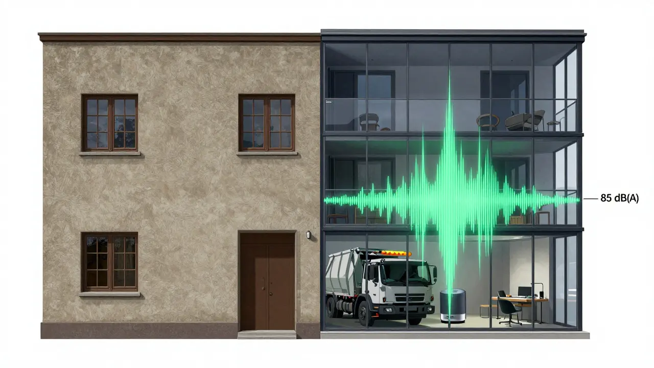 Vergleich von Altbau und Neubau: ruhige, gedämmte Wohnung links, laute, störende Geräusche rechts.
