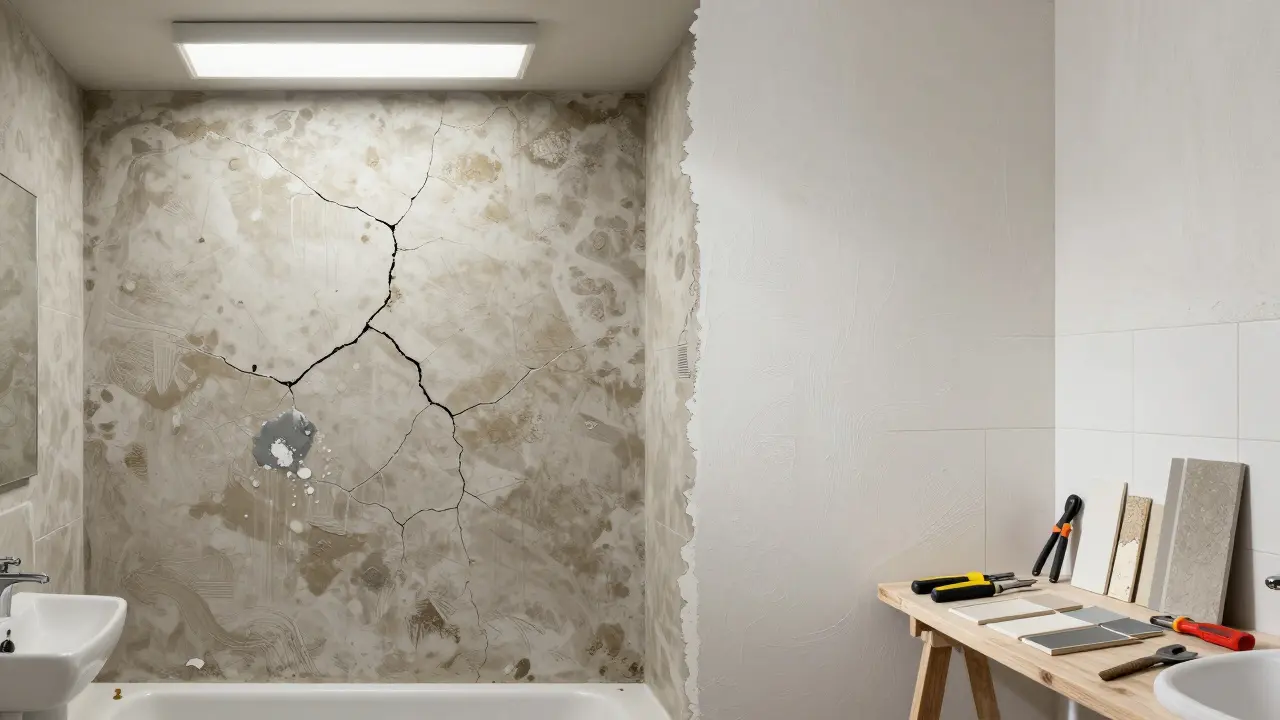 Vergleich von schadhaftem Zementputz und gesundem Kalkzementputz in einer Badezimmerrenovierung.