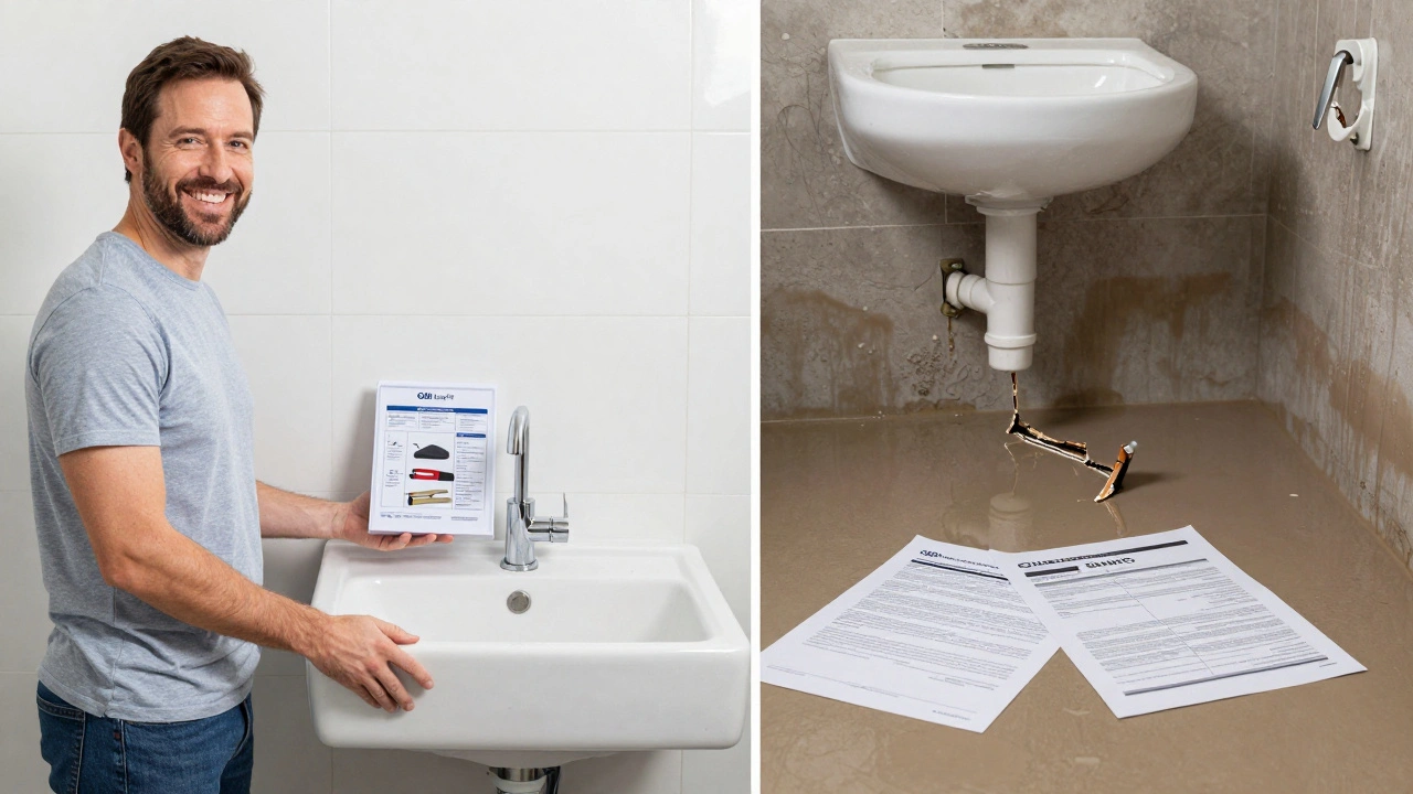 Vergleich: Zufriedener Heimwerker neben frisch installiertem Waschbecken vs. überflutetes Bad.