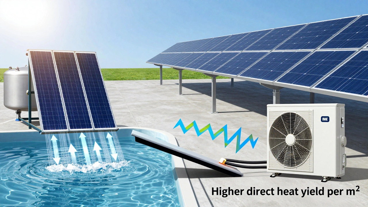 Vergleichskonzept: Direkte Sonnenwärmeübertragung links, Strom-basierte Wärmepumpe rechts mit Energieverlusten.