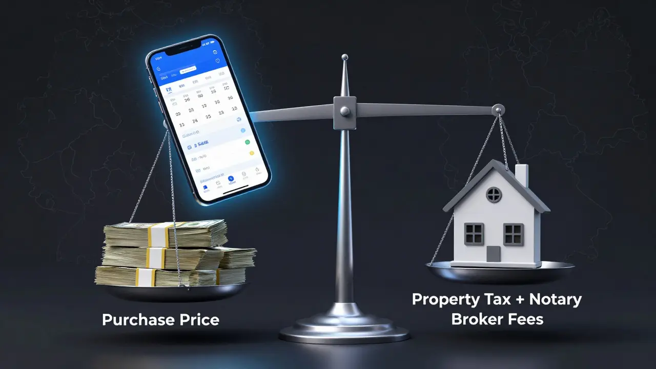 Waage mit Haus und Kosten, die durch Grunderwerbsteuer und Nebenkosten überlastet ist.