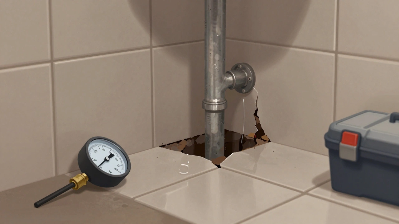 Wasser dringt durch Fliesen, verstecktes Leck zeigt alte Zinkrohre.