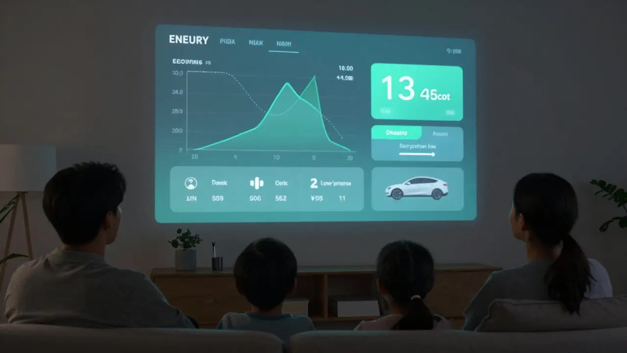 Zukünftige Smart-Home-Anzeige an der Wand zeigt Energieverbrauch und Ladeempfehlung für E-Auto.