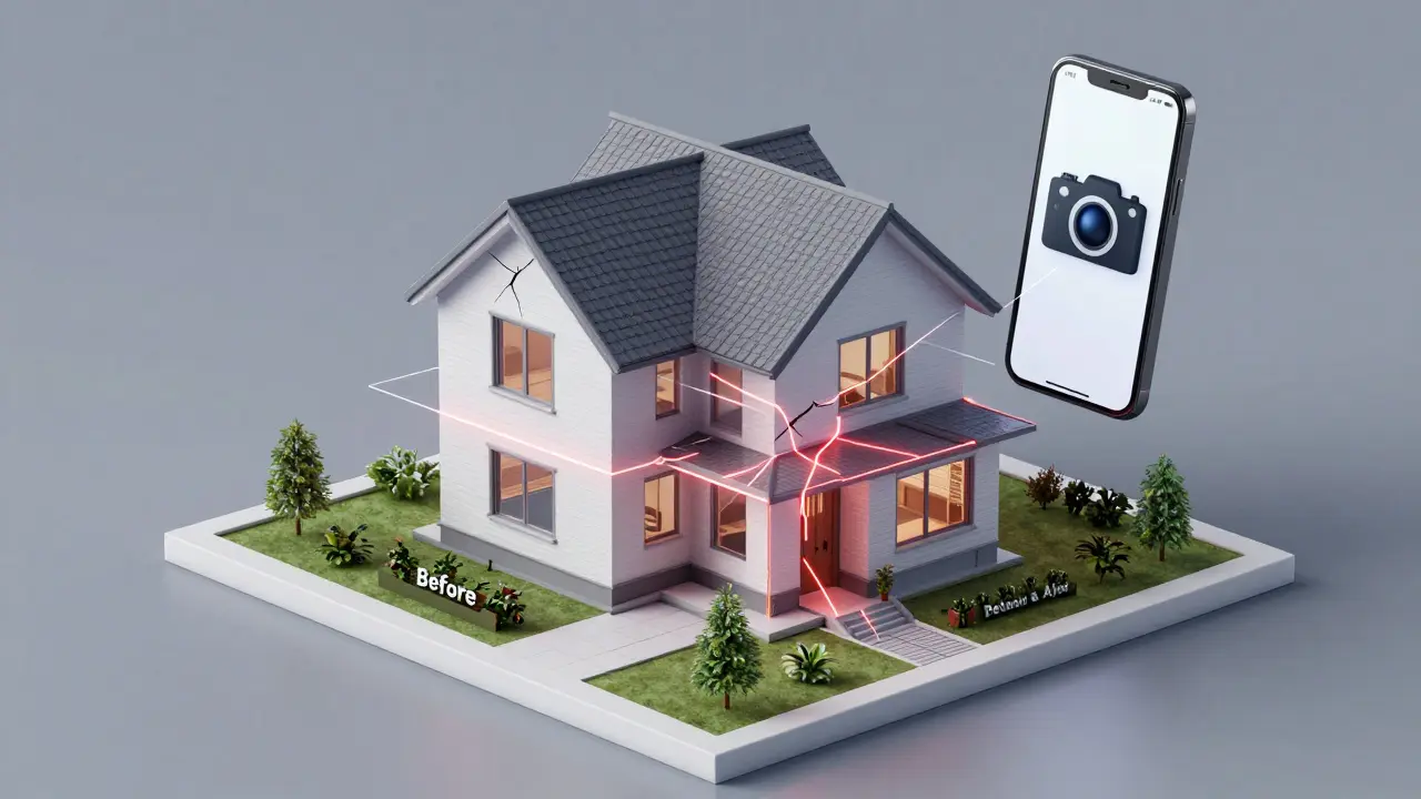 3D-Digitaler Zwilling eines Hauses mit vorherigen Rissmarkierungen und KI-Analyse.