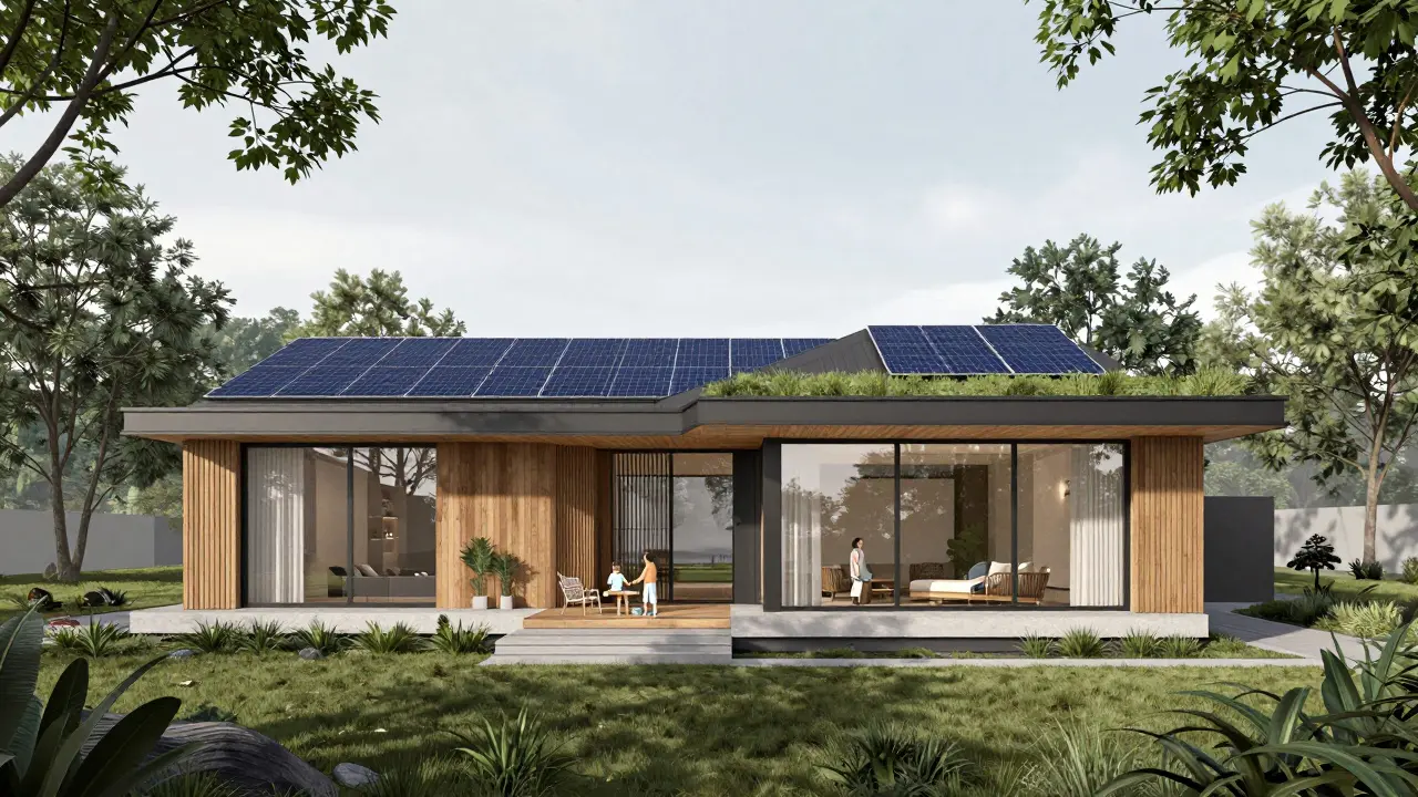 Architektonische Darstellung eines nachhaltigen Bungalows mit Flachdach, Solaranlage und grüner Dachbegrünung.