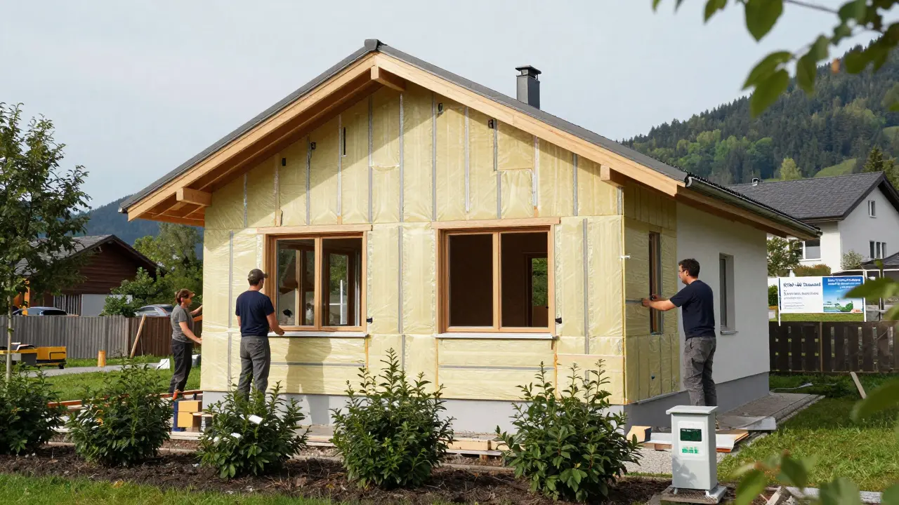 Bauwerk im Entstehen mit hochwertiger Dämmung und Energieerzeugung, umgeben von Natur in einer österreichischen Vorstadt.