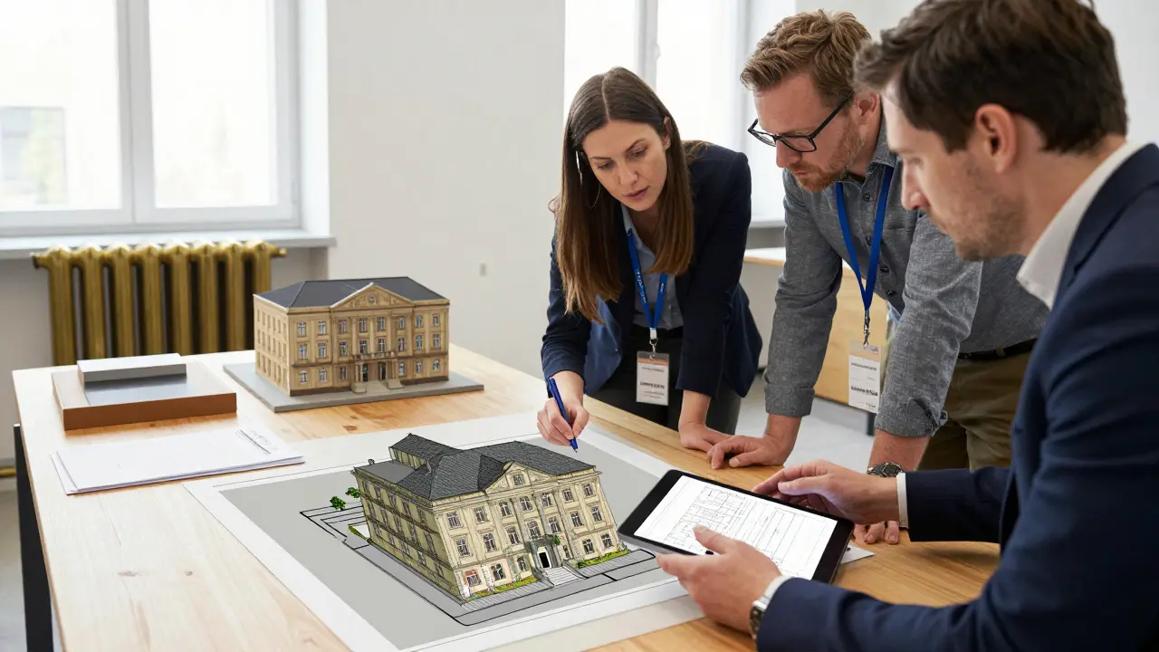 Denkmalschutzbehörde prüft digitale 3D-Visualisierung einer denkmalgerechten Heizungsoptimierung in einem historischen Gebäude.