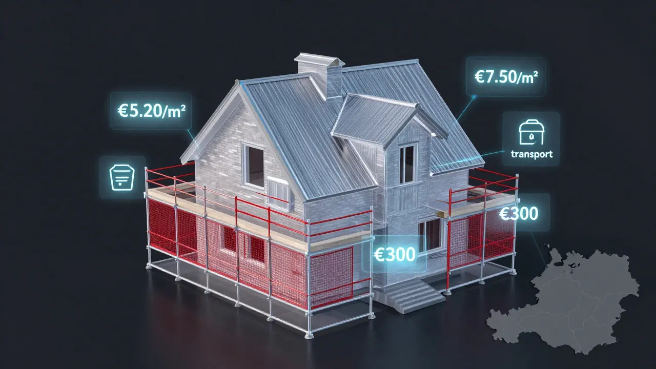 Digital overlay showing virtual scaffold model with cost and safety indicators on a house.