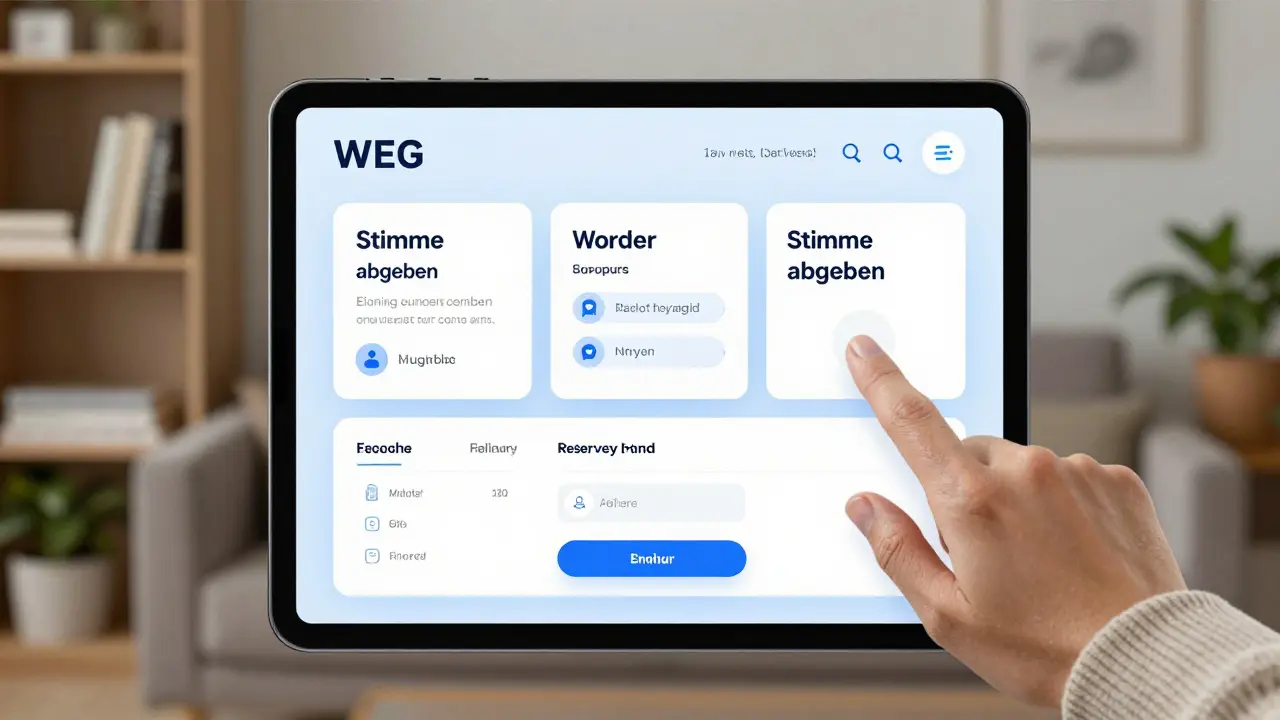 Digitaler WEG-Portal-Bildschirm mit Abstimmung und Finanzübersicht auf einem Tablet.