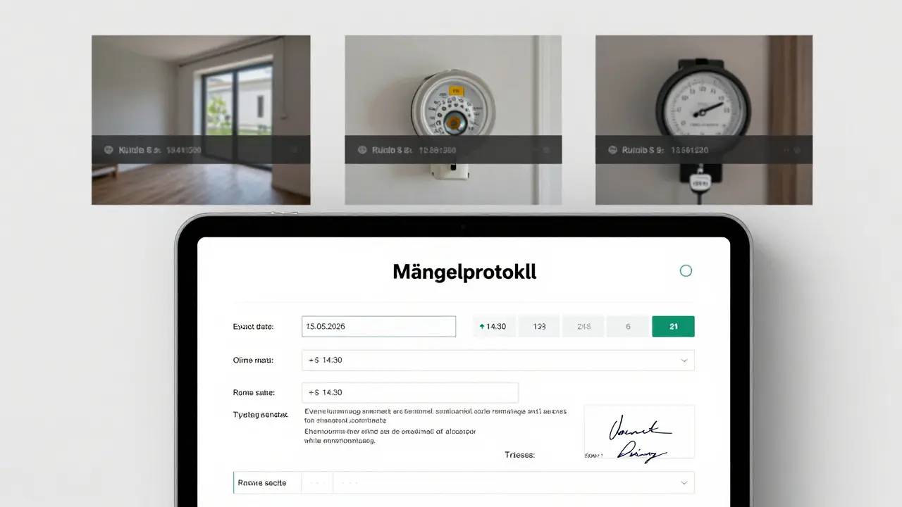 Digitales Mängelprotokoll auf Tablet mit genauen Zählerständen, Fotos und digitalen Unterschriften.
