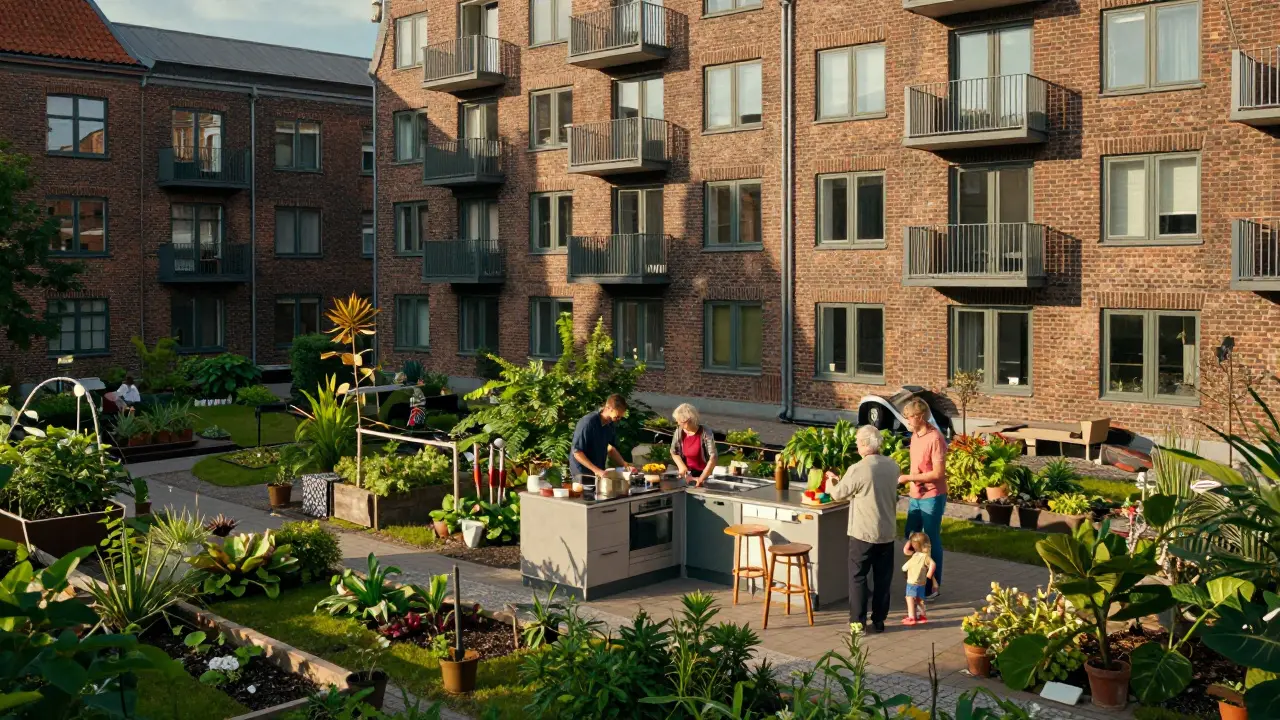 Ehemalige Schule als Gemeinschaftswohnanlage mit Bewohnern im gemeinsamen Garten.