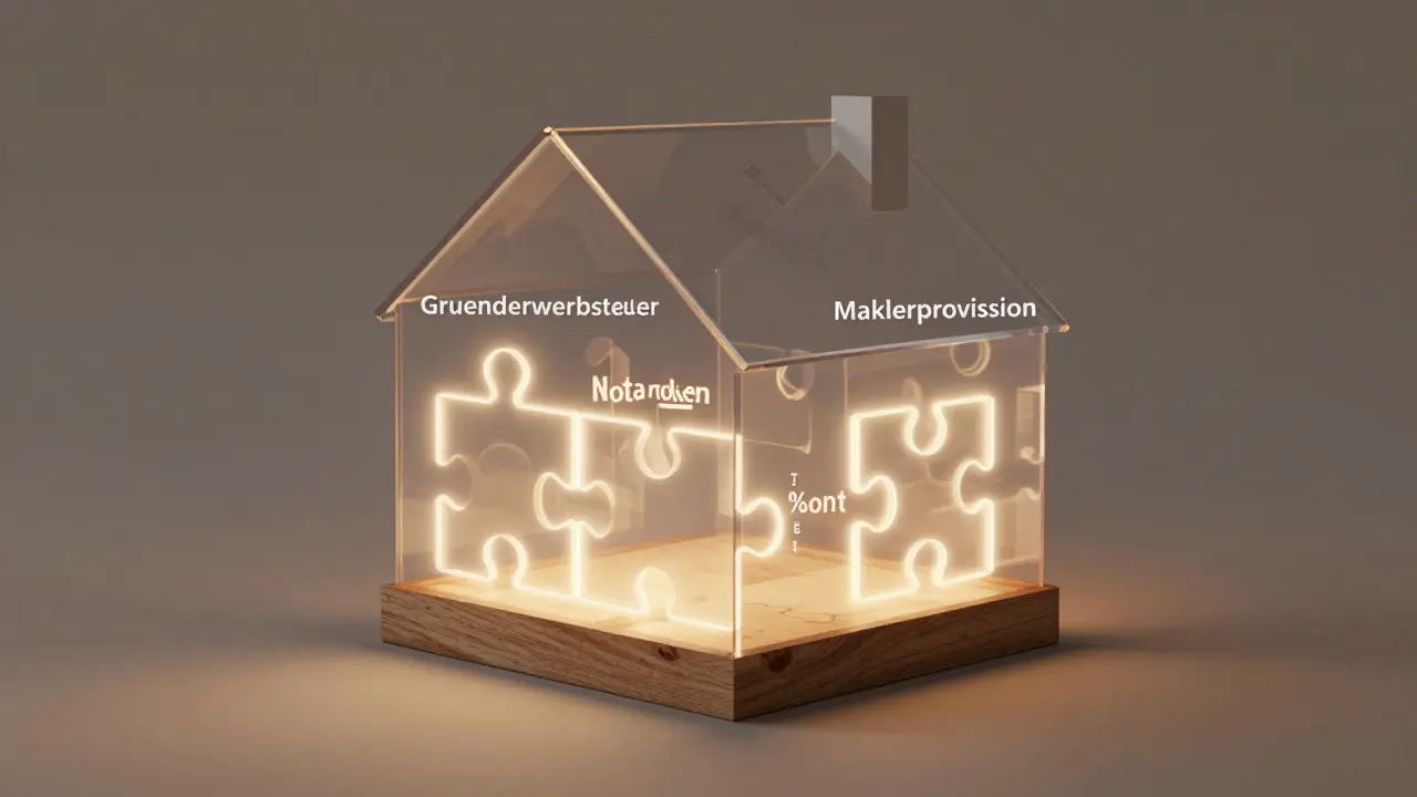 Ein Haus mit transparenten Wänden, in denen die Kaufnebenkosten als Puzzlestücke sichtbar sind.