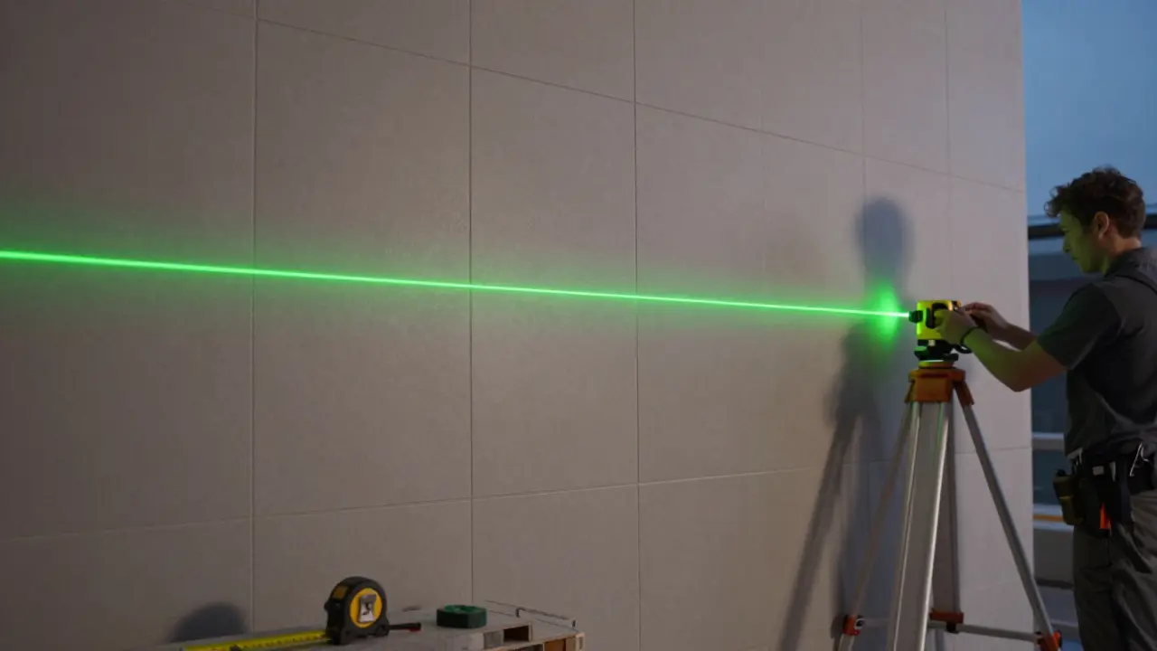Ein Laser-Nivelliergerät projiziert eine grüne Linie an eine geflieste Wand.