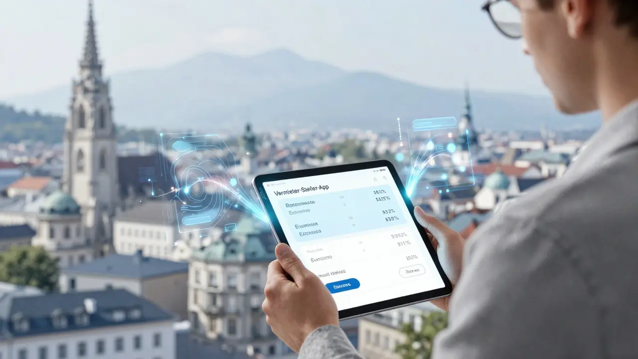 Eine Person nutzt eine digitale Steuer-App für Vermieter mit automatischen Berechnungen.