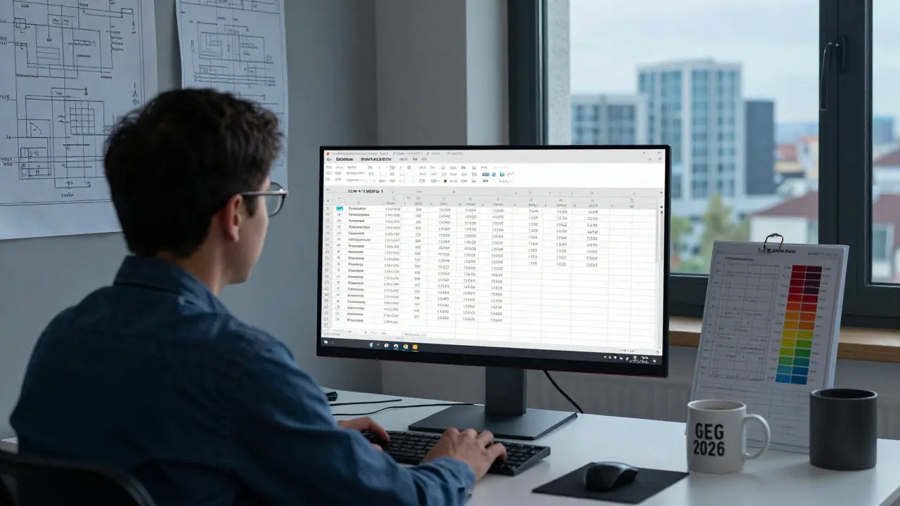 Energieberater arbeitet mit offizieller Excel-Vorlage zur DIN-Berechnung von CO₂-Einsparungen.