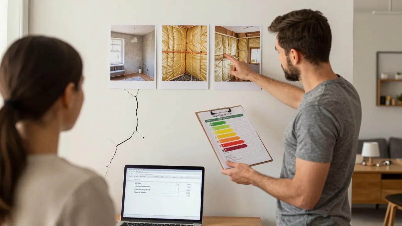 Energieberater zeigt einem Hausbesitzer eine Energieeffizienz-Bestätigung neben vorher-nachher-Fotos der Sanierung.