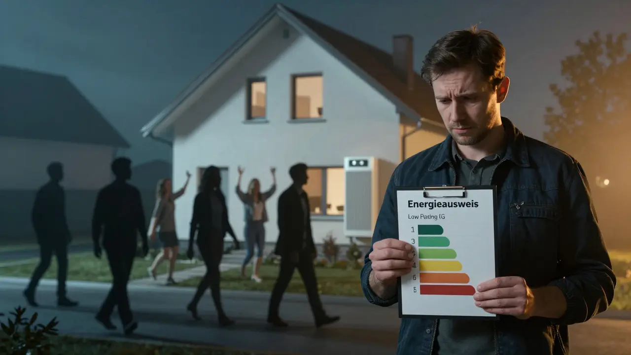 Gegensatz: vernachlässigtes Haus mit schlechtem Energieausweis vs. saniertes Haus mit glücklichen Käufern