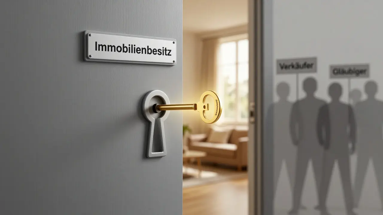 Geschlossene Tür mit Grundbucheintrag als Schlüssel, dahinter sicheres Zuhause