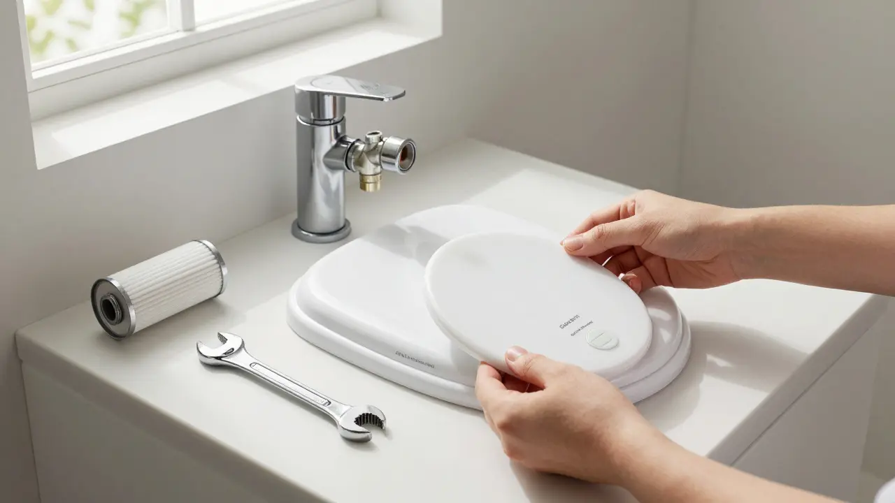 Hand beim Einbau eines Dusch-WC-Aufsatzes mit T-Ventil und Filter am Wasseranschluss.