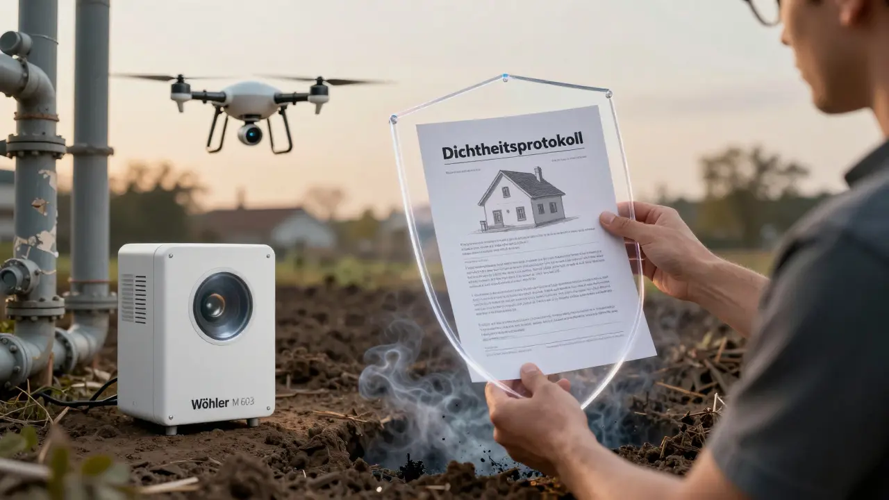 Hausbesitzer hält Prüfprotokoll, das das Grundstück vor Umweltschäden schützt.