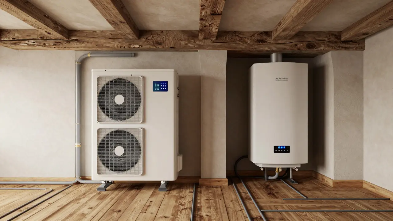 Hybrid-Heizsystem in einem Altbau: Wärmepumpe außen, Gasbrenner versteckt, originale Holzbalken und Fußböden erhalten.