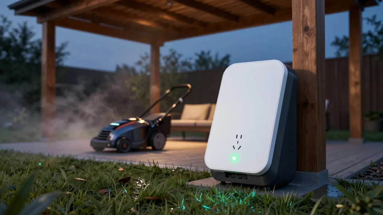 Intelligente Außensteckdose mit automatischem Deckel, die einen Mähroboter auflädt bei Dämmerung.