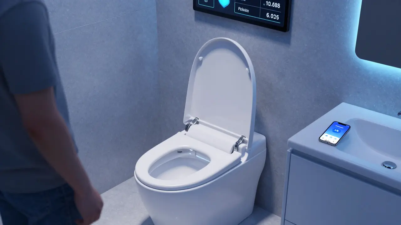 Intelligente Dusch-WC-Toilette mit automatischer Deckelöffnung und digitalem Display in einem futuristischen Bad.