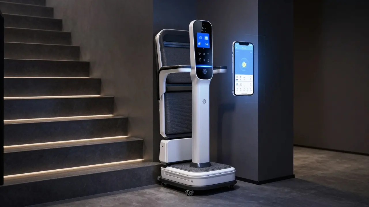 Intelligenter Treppenlift mit digitaler Anzeige und Verbindung zur Smart-Home-App.