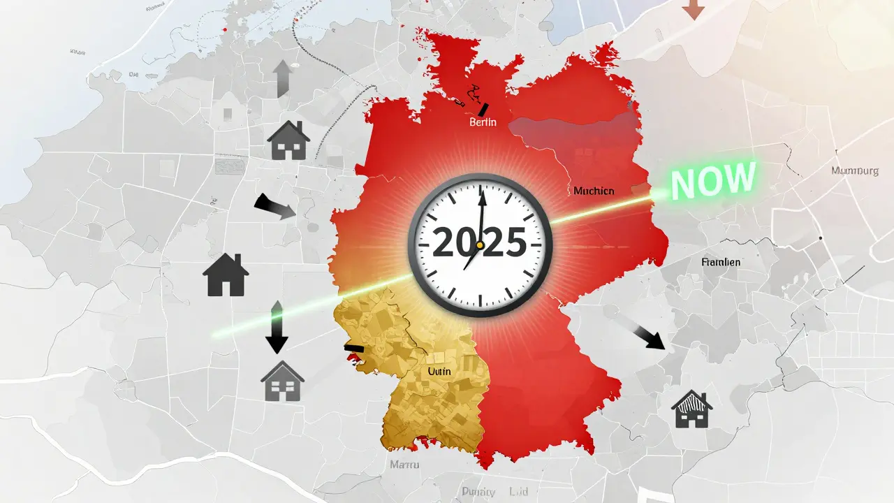 Karte Deutschlands mit wachsenden Stadtregionen in Rot und Gold, während ländliche Gebiete verblasst sind