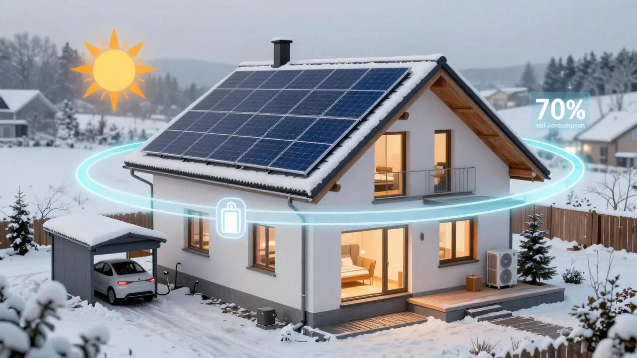 Konzeptbild eines winterlichen Hauses, das komplett mit Solarenergie beheizt und versorgt wird.