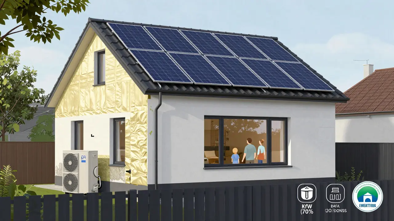 Modernes Haus mit Dämmung, Wärmepumpe und Solaranlage, Familie schaut aus dem Fenster.