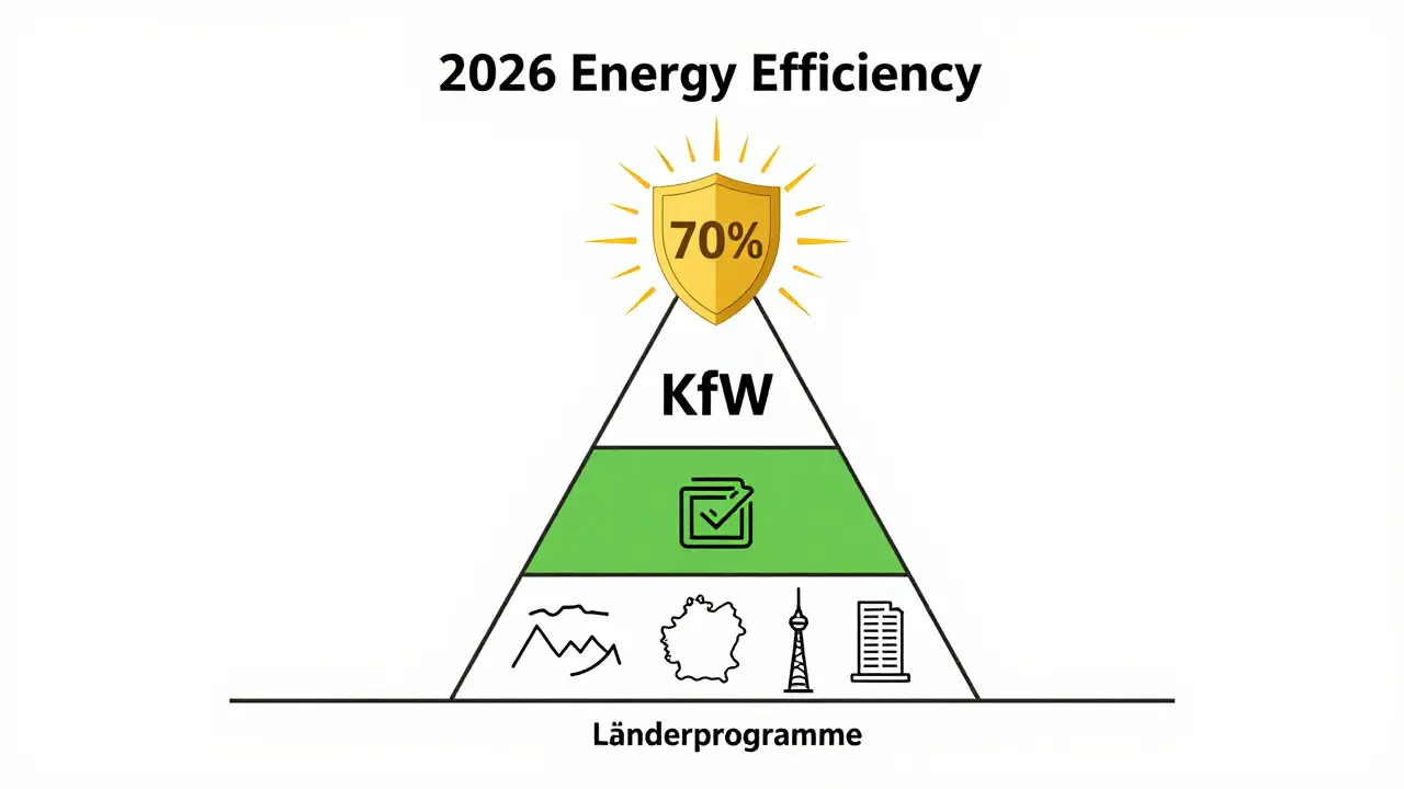 Pyramide aus Förderungen: Länder, BAFA, KfW, mit Sonnenstrahlen und 70%-Schild oben.