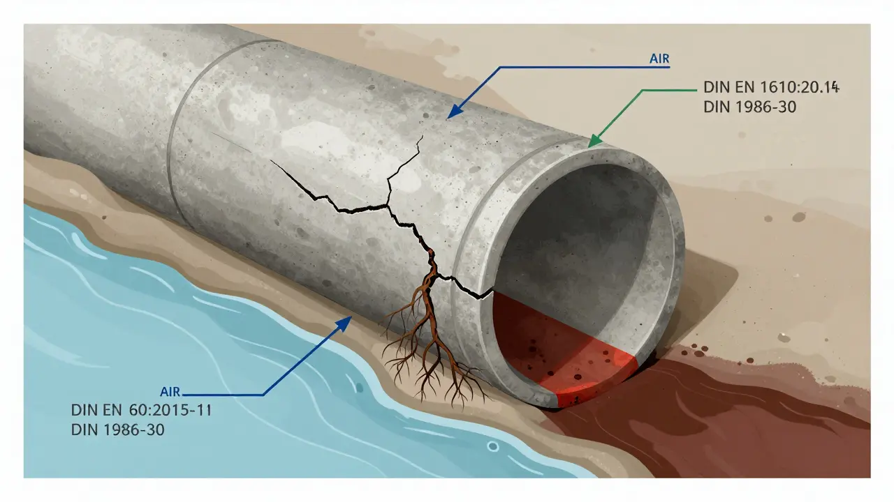 Querschnitt einer undichten Betonabwasserleitung mit Wurzelbefall und Leckagen.