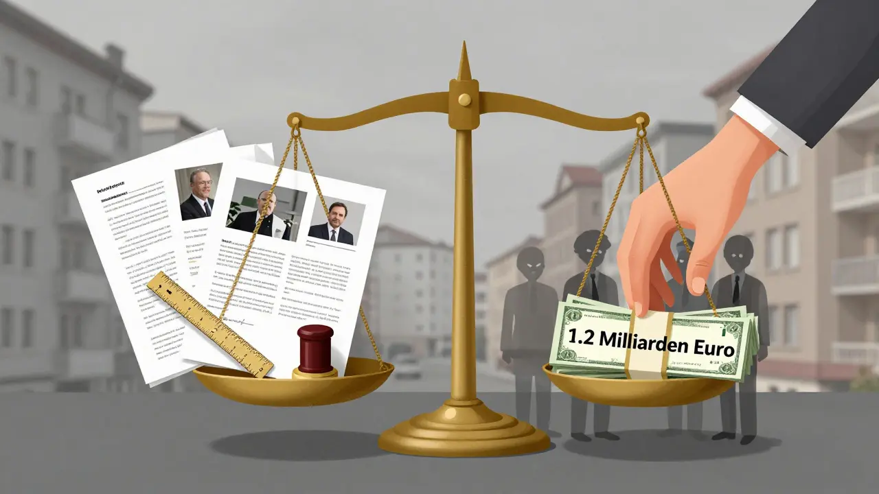 Rechtsskala mit dokumentierten Beweisen gegen Geldsumme – Symbol für Schadensersatzstreitigkeiten.