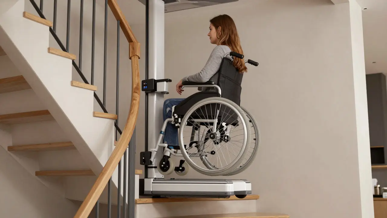 Rollstuhlfahrer wird mit einem Plattformlift auf einer gewölbten Treppe nach oben gefahren.