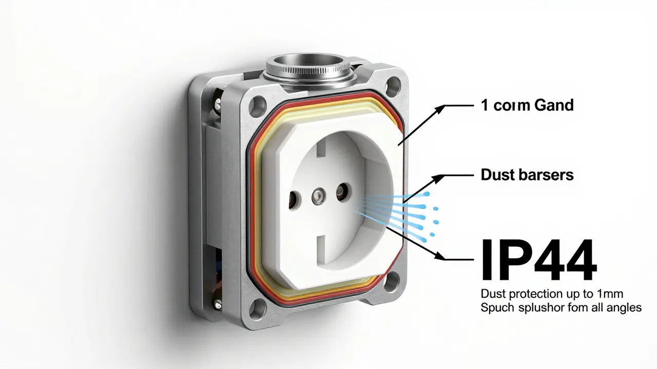 Schnittansicht einer IP44-Steckdose mit wasserdichter Kabeldurchführung und Abstand zur Wand.