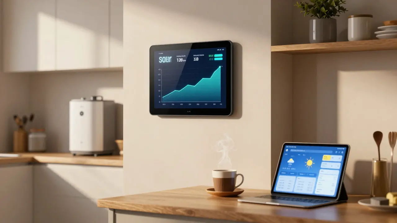 Smartes Energiemanagement-Display in der Küche, das Solarstromproduktion und -verbrauch in Echtzeit zeigt.