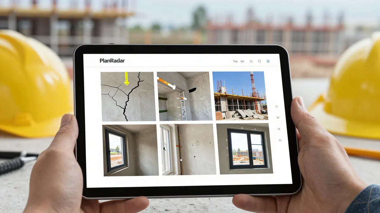 Tablet zeigt digitale Baudokumentation mit Zeitstempel, GPS und gemessenen Schäden.