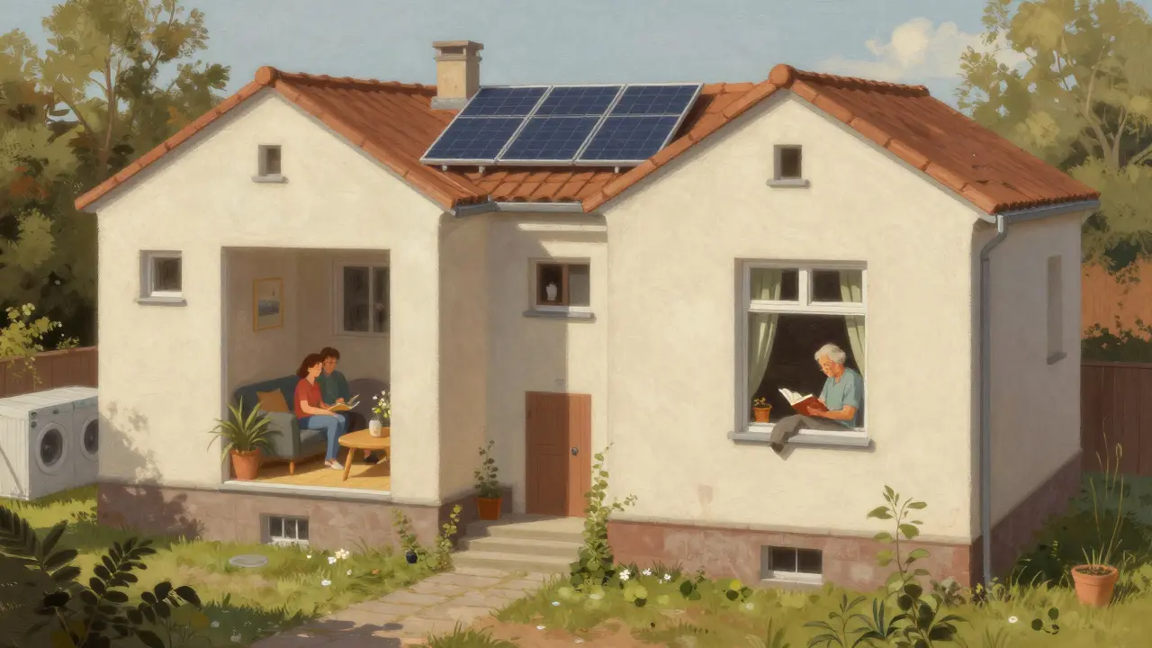 Umgewandeltes Altbauhaus mit zwei kleinen Wohnungen und gemeinsam genutztem Garten.