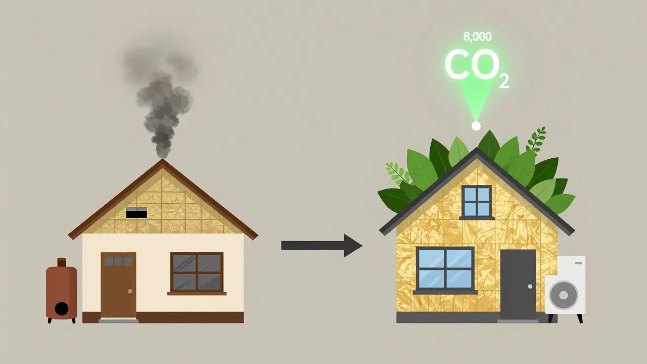 Vergleich eines alten und modernisierten Hauses mit sinkendem CO₂-Ausstoß, visuelle Transformation.