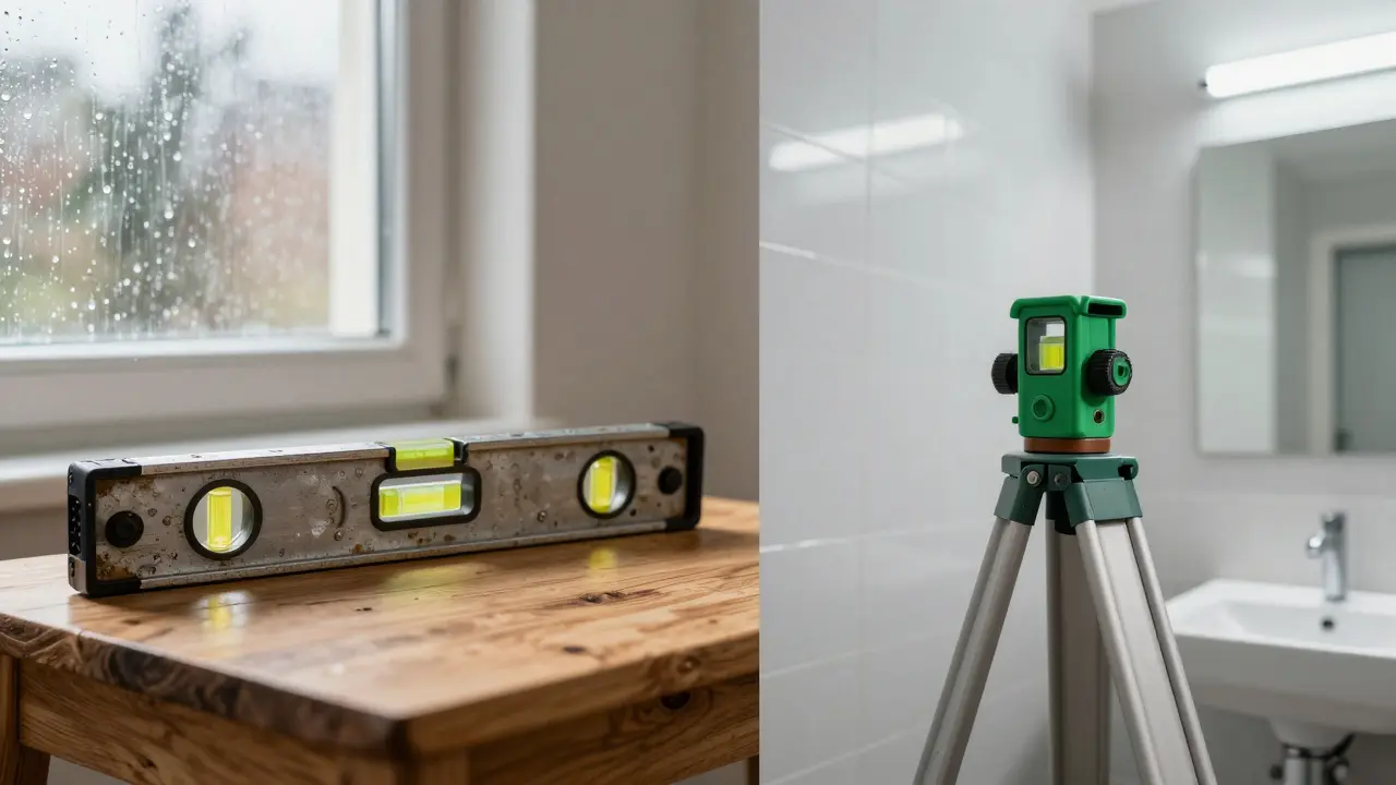 Vergleich: Klassische Wasserwaage und modernes Lasergerät nebeneinander.