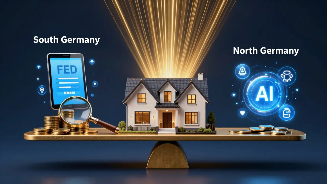 Waage mit Immobilie, die regionale Maklerkosten und digitale Alternativen visualisiert.