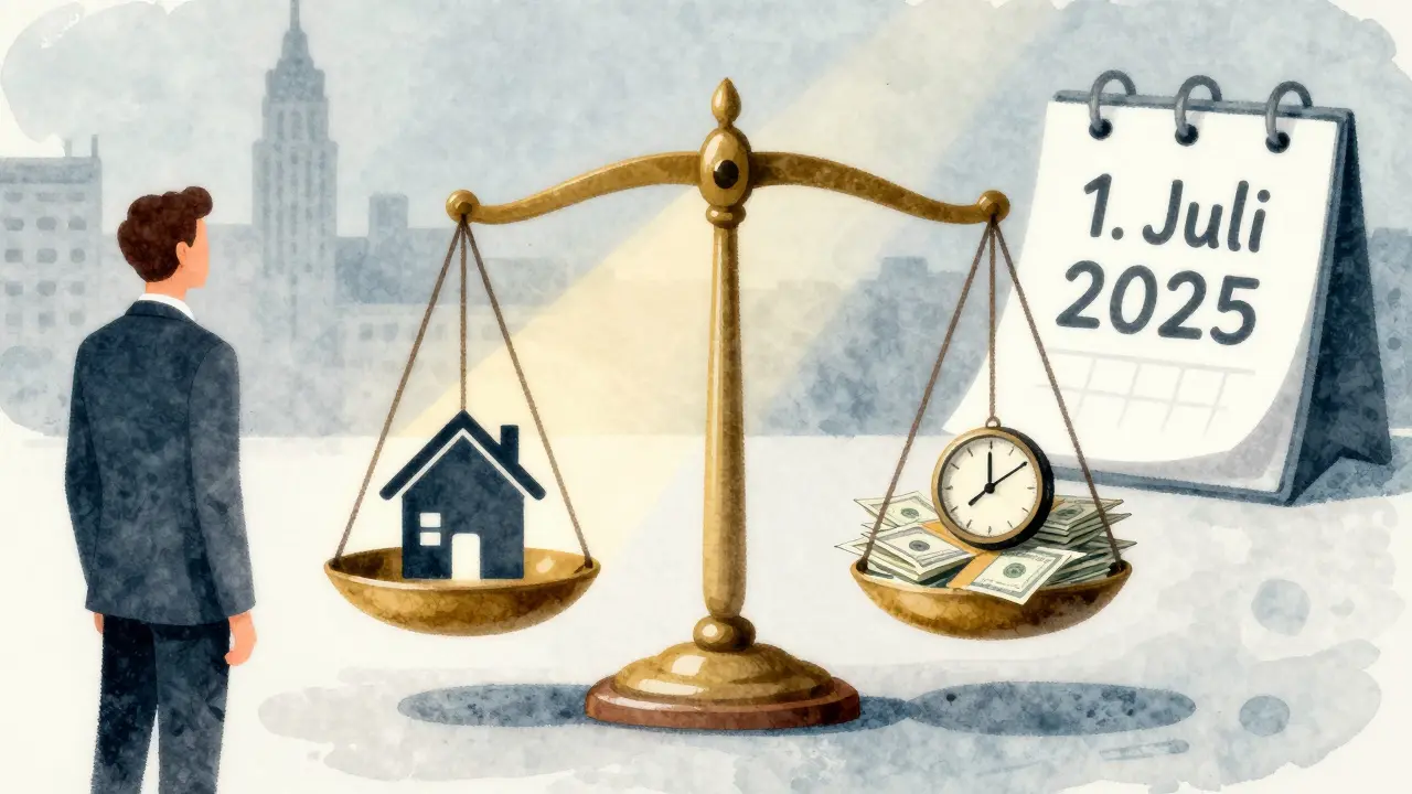 Waage mit Immobilie und Kosten: Vorkaufsrecht zwischen Recht und Finanzlast.