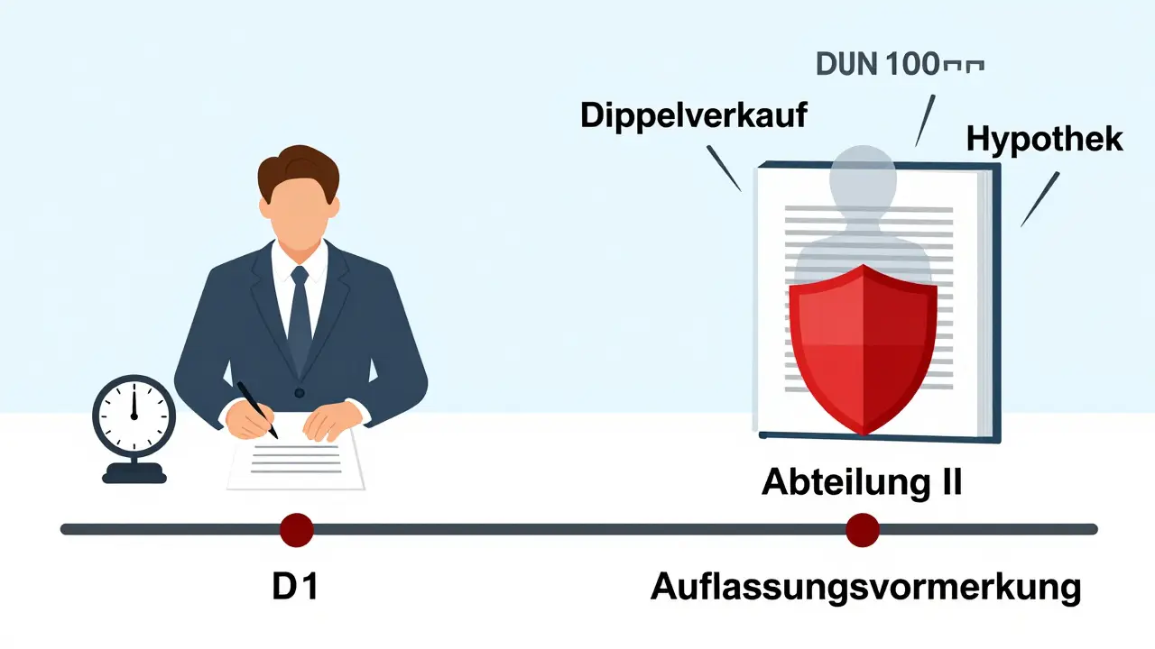 Zeitlinie mit Vormerkung als Schutzschild zwischen Vertragsunterzeichnung und Eigentumsübertragung