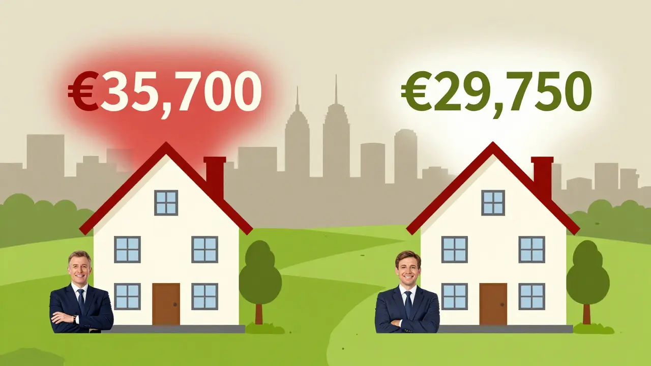 Zwei identische Häuser mit unterschiedlichen Maklerprovisionen in München und Bremen, dargestellt als kontrastierende Szenen.