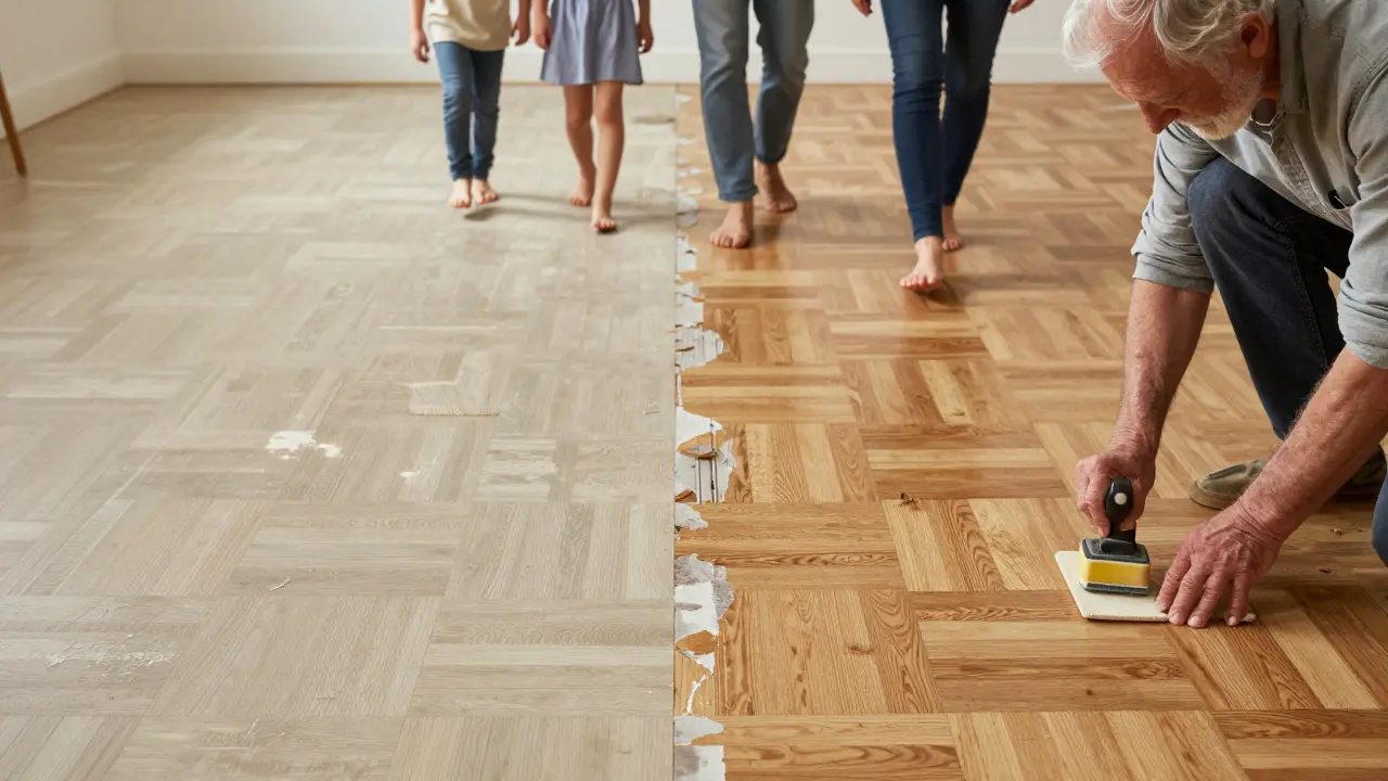 50-Jahres-Verlauf: Laminat verschleißt, Echtholz wird neu geschliffen – Familie wächst über den Boden hinweg