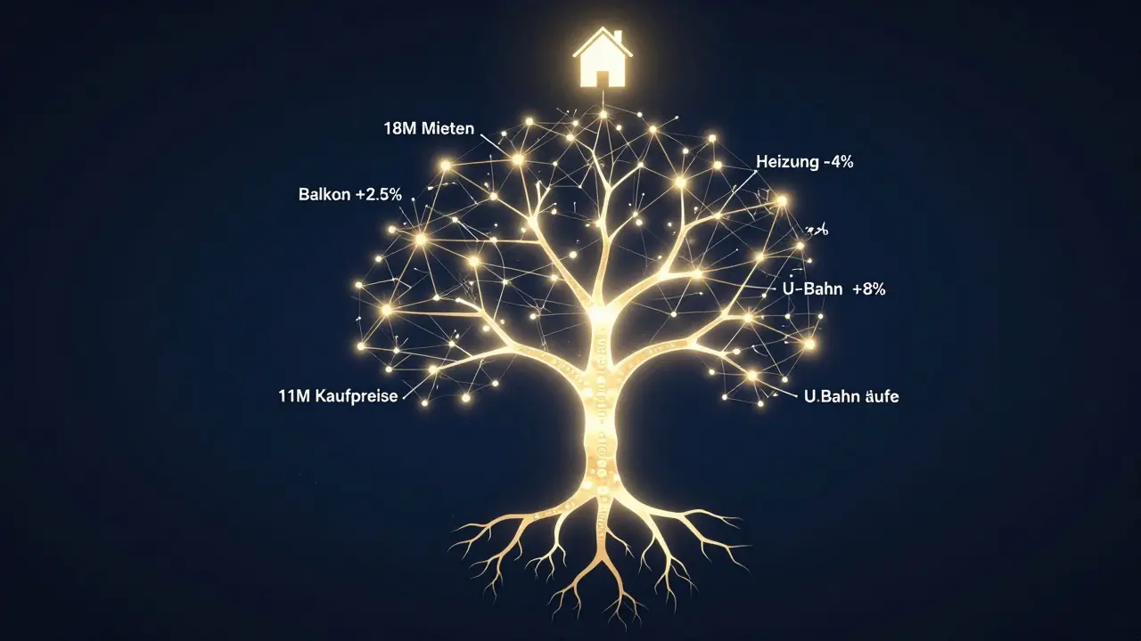 Abstrakte Netzwerkgrafik mit Datenströmen, die Immobilienwerte durch Faktoren wie Balkon und U-Bahn berechnen.